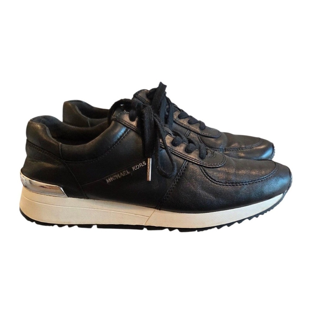 Michael Kors Leather Sneakers Black Silver Trim Platform Athletic Shoes Size 9